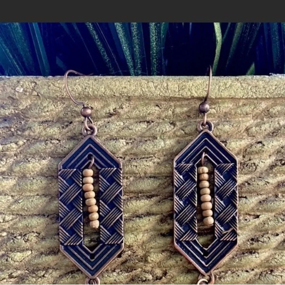 New neutral tone earrings tassel wood bead bronze earth girl earthy fall metal - Picture 2 of 3